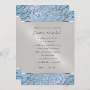 Bat Mitzvah Elegant Sky Blue und Silver Filigree Einladung