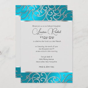 Bat Mitzvah Elegant Türkis Blue Silver Filigree Einladung
