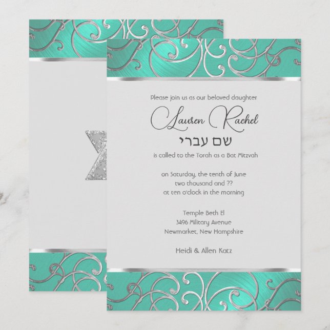 Bat Mitzvah Elegante Aqua Green Silver Filigree Einladung (Vorne/Hinten)