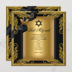 Bat Mitzvah Elegante Gold Black Butterfly Einladung