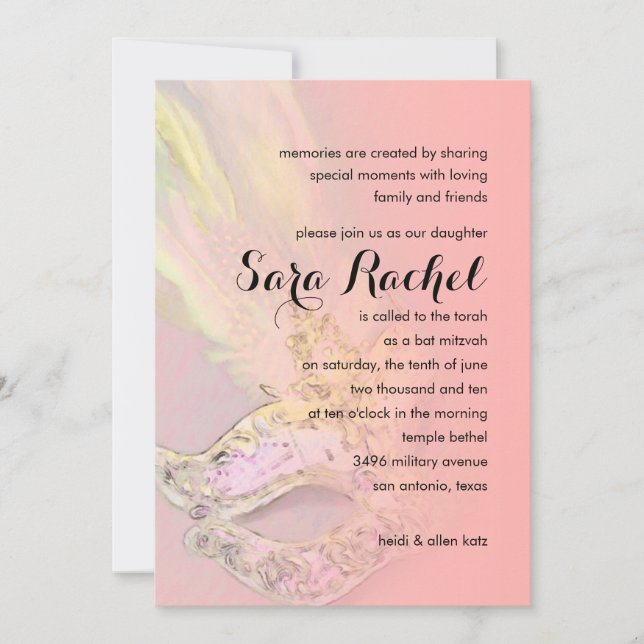 Bat Mitzvah Elegante Masquerade Cornflakes Rosa Ge Einladung (Vorderseite)