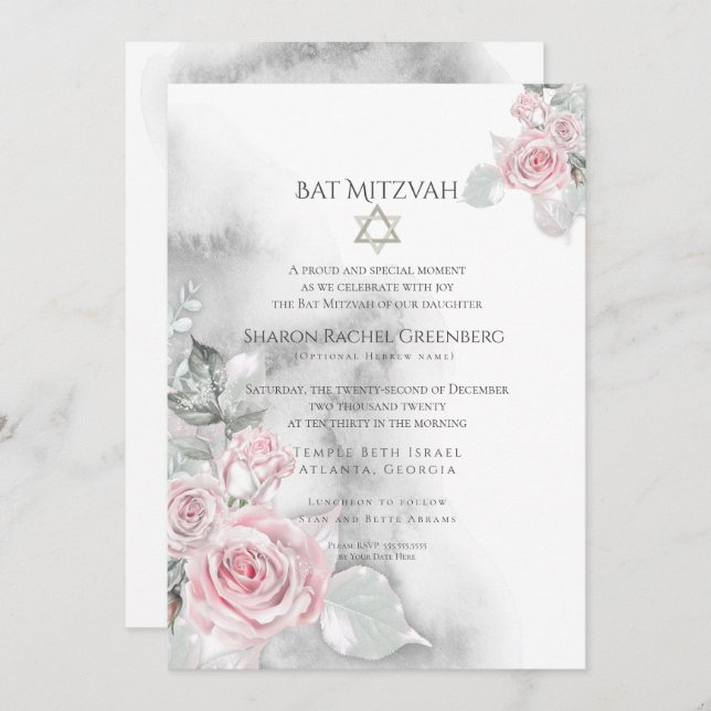 BAT MITZVAH | Elegante rosa Aquarellfarben Rose Einladung (Vorne/Hinten)