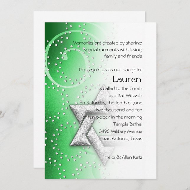 Bat Mitzvah Emerald Shimmer Star von David Einladung (Vorne/Hinten)