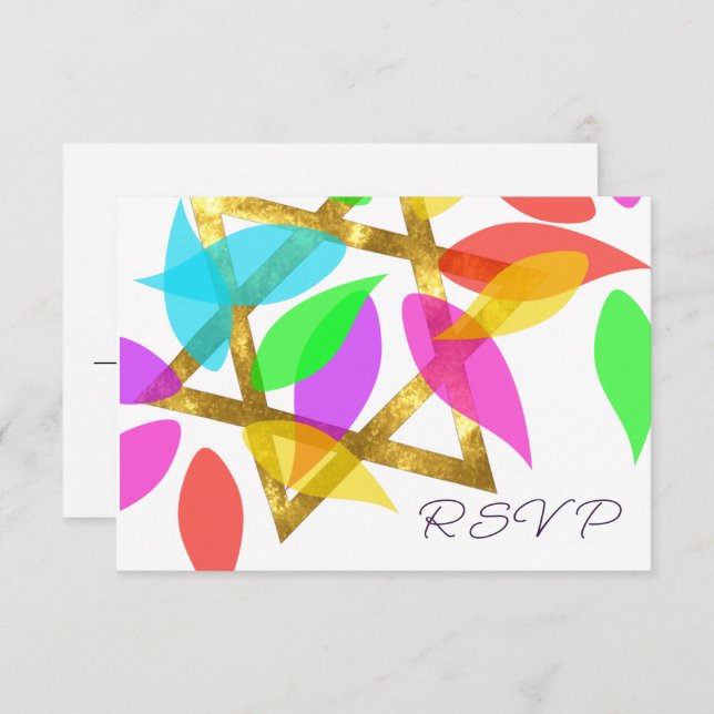 Bat Mitzvah farbenfrohe Petals über Star Einladung (Vorne/Hinten)