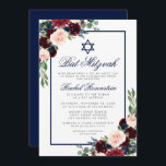 Bat Mitzvah Floral Burgundy Blue Silver Einladung<br><div class="desc">Bat Mitzvah Watercolor Burgundy Marsala Blue Floral Silver Einladungskarte</div>