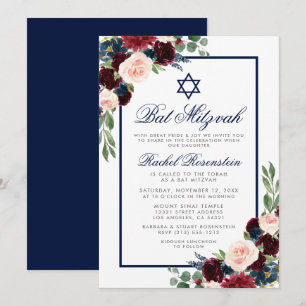 Bat Mitzvah Floral Burgundy Blue Silver Einladung