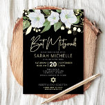 Bat Mitzvah Floral Watercolor Black Real Gold Folieneinladung<br><div class="desc">Seien Sie stolz, freuen Sie sich und präsentieren Sie diesen Meilenstein Ihres Lieblings-Bat Mitzvah mit dieser raffinierten, personalisierten Einladung! Eine schicke, atemberaubende, weiße und reale Goldfolie florale Aquarellfarbe, handgeschriebene Schrift aus Goldfolie und eine Schrift aus weißem Sans Serifentypografie, die einen dramatischen schwarzen Hintergrund überlagert. Zusätzliche weiße Aquarellfarben und Imitate goldene...</div>