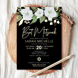 Bat Mitzvah Floral Watercolor Black Real Gold Folieneinladung
