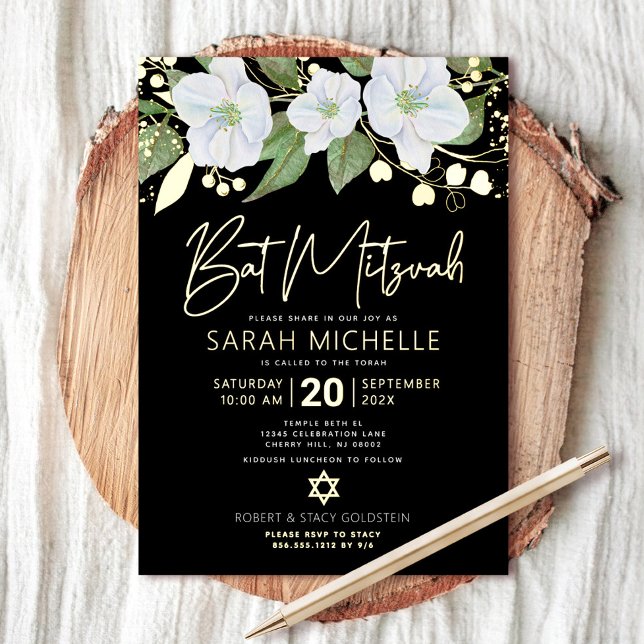 Bat Mitzvah Floral Watercolor Black Real Gold Folieneinladung (Von Creator hochgeladen)