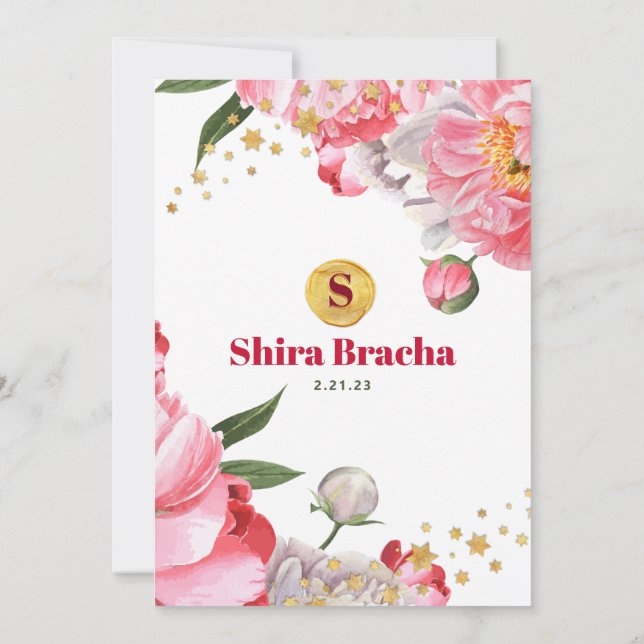 Bat Mitzvah Floral Watercolor Glitzer Stars Invita Einladung (Rückseite)