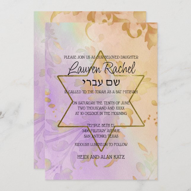 Bat Mitzvah Floral Watercolor Lila Peach Einladung (Vorne/Hinten)