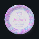 Bat Mitzvah Floral Watercolor Pink Blauer Hydrange Pappteller<br><div class="desc">Fügen Sie diese Bat Mitzvah Themen personalisierten Party Papier Teller zu Ihrem Feiertag Platz Einstellungen. Das Design umfasst eine Grenze von delikaten Hydrangea-Blume in Rosa-, Lavendel- und Aqua-Blau-Tönen. Es gibt einen Stern von David und Name in modernen rosa Drehbuch Typografie und Datum für Sie zu personalisieren. Entworfen von Künstler ©Susan...</div>