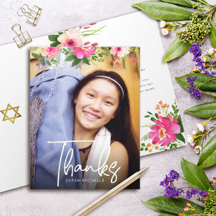 Bat Mitzvah Floral Watercolor Script Custom Foto Dankeskarte