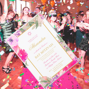 Bat Mitzvah Floral White Gold Farbe jüdisch Einladung