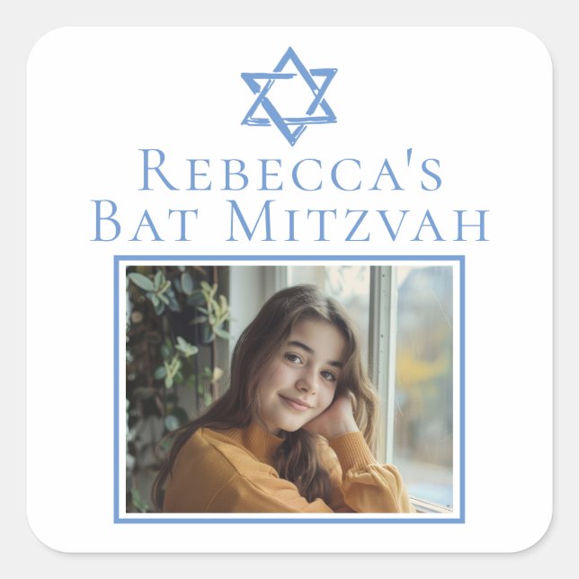 Bat Mitzvah Foto Blue Star von David Party Quadratischer Aufkleber (Vorderseite)
