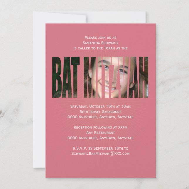 Bat Mitzvah Foto Einladung in Rosa (Vorderseite)