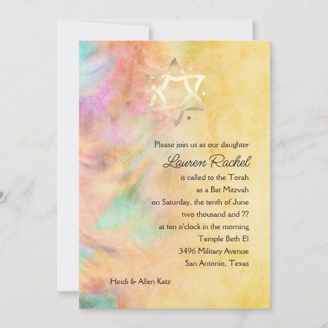 Bat Mitzvah Gelbe Gefärbte Krawatte Design Einladu Einladung (Vorderseite)