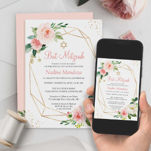 Bat Mitzvah Geometrisches Rosa Blütenmuster Einladung