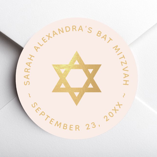 Bat Mitzvah Girl Pink Faux Gold Foil Star of David Runder Aufkleber (Von Creator hochgeladen)