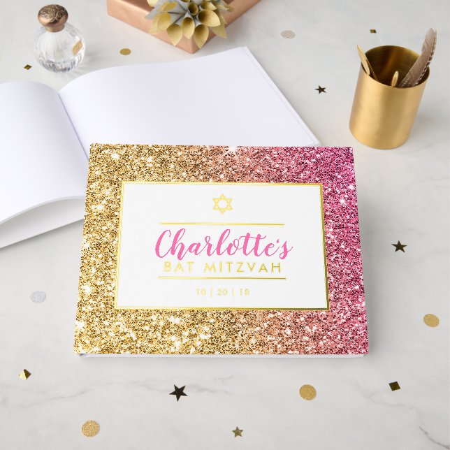 BAT MITZVAH glam chic cool luxuriös pink gold Glit Gästebuch (Vorderseite offen)