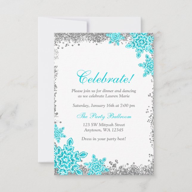 Bat Mitzvah Glam Winter Wonderland Aquamariner Emp Einladung (Vorderseite)