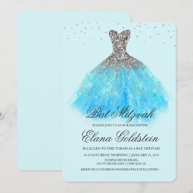 Bat Mitzvah Glitzer Kleid Diamant Einladung (Vorne/Hinten)