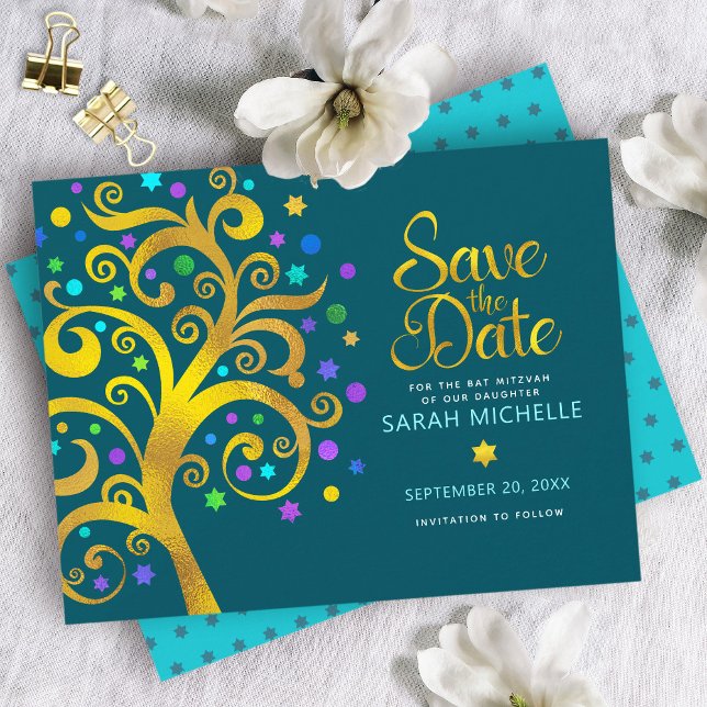 Bat Mitzvah Gold & Blue Foil Tree of Life Aquamari Save The Date (Von Creator hochgeladen)