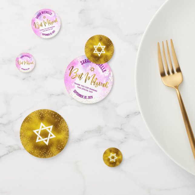 Bat Mitzvah Gold Foil Script, Chic Pink Wasserfarb Konfetti (Gruppe)