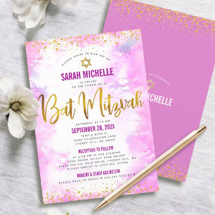 Bat Mitzvah Gold Glitter Rosa Wasserfarbe 2 Verans Einladung