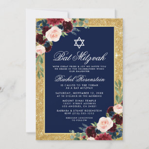Bat Mitzvah Gold Glitzer Floral Burgundy Blue Einladung