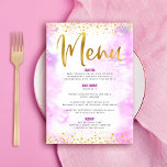 Bat Mitzvah Gold Glitzer Foil Chic Pink Wasserfarb Menükarte<br><div class="desc">Seien Sie stolz, freuen Sie sich und präsentieren Sie diesen Meilenstein Ihres Lieblings-Bat Mitzvah mit einer Feier, auf die Sie stolz sein können! Lassen Sie sich von diesem atemberaubenden, modernen Party-Menü verzaubern, das mit funkelnd Goldfolien und Glitzer-Punkten sowie Typografie-Schrift in einem zarten, rosa Aquarellbild besticht. Ihr Name, das Datum der...</div>