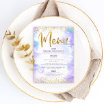 Bat Mitzvah Gold Glitzer Fossilienfisch Lila Wasse Menükarte<br><div class="desc">Seien Sie stolz, freuen Sie sich und präsentieren Sie diesen Meilenstein Ihres Lieblings-Bat Mitzvah mit einer Feier, auf die Sie stolz sein können! Lassen Sie sich von diesem atemberaubenden, modernen Party-Menü verzaubern, das funkelnd Goldfolie und Glitzer-Punkte sowie Typografie-Schrift vor einem lila Hintergrund mit Aquarellfarben bietet. Ihr Name, das Veranstaltungsdatum und...</div>