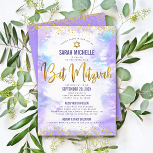 Bat Mitzvah Gold Glitzer Lila Wasserfarbe 2 Verans Einladung