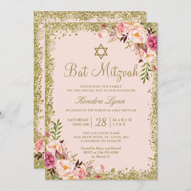 Bat Mitzvah | Gold Glitzer Rosa Blütenfarben Einladung (Vorne/Hinten)