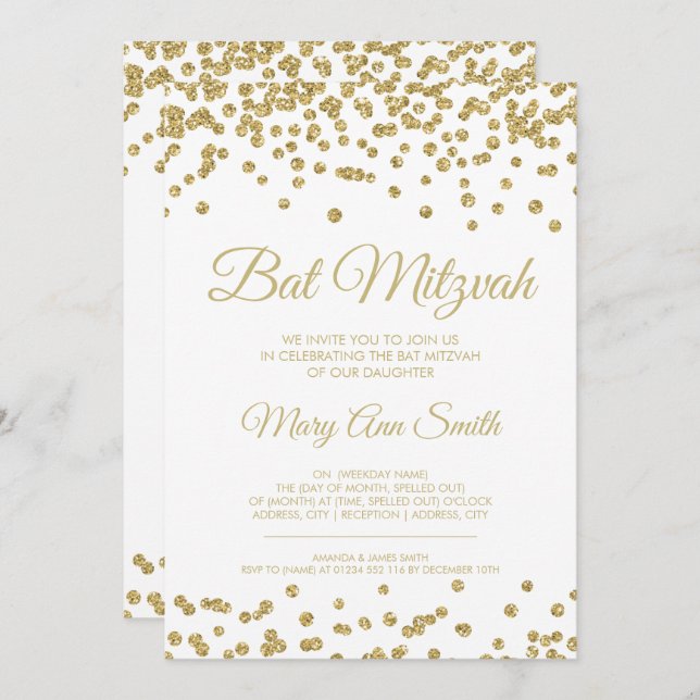 Bat Mitzvah Gold Imitats Glitzer Confetti White Einladung (Vorne/Hinten)