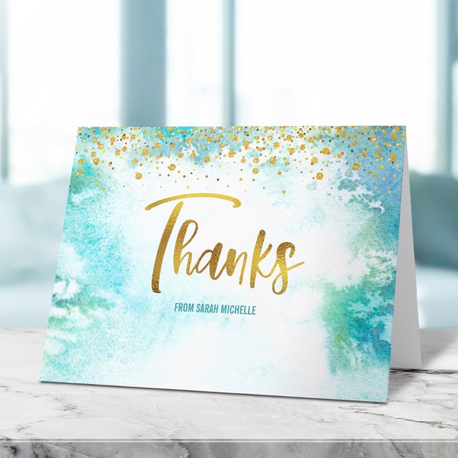 Bat Mitzvah Gold Script auf Türkis Wasserfarbe Dankeskarte (Von Creator hochgeladen)