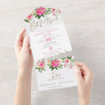 Bat Mitzvah Gold Script Rosa Floral Wasserfarbe All In One Einladung<br><div class="desc">Seien Sie stolz, freuen Sie sich und präsentieren Sie diesen Meilenstein Ihres Lieblings-Bat Mitzvah! Versenden Sie diese atemberaubende, moderne, maßgeschneiderte All-in-One-Einladung für eine Veranstaltung, an die Sie sich erinnern können. Eine schicke, atemberaubende, pinkfarbene und pfirsichfarbene Aquarellfarbe mit handgeschriebenen Imitaten aus Goldfolie und modernen staubigen Rose und grauem Sans Serif überlagert...</div>