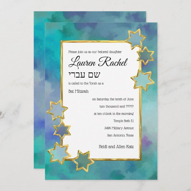 Bat Mitzvah Gold Star Abstract Design Blau Einladung (Vorne/Hinten)