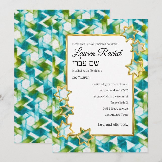 Bat Mitzvah Gold Star Green Blue Damask Einladung (Vorne/Hinten)