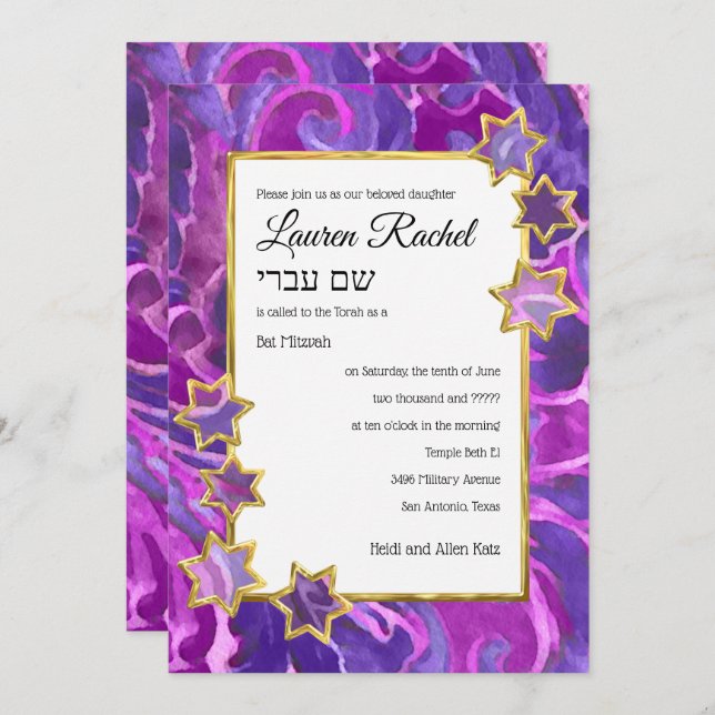Bat Mitzvah Gold Star Lila Pink Damask Einladung (Vorne/Hinten)