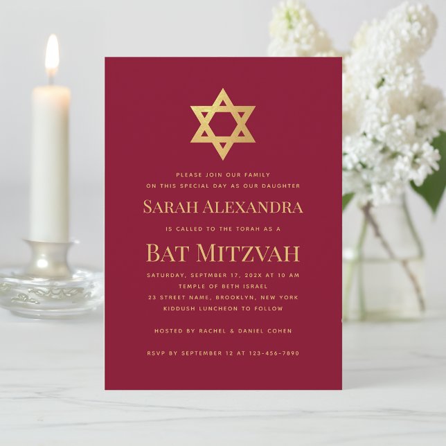 Bat Mitzvah Gold Star of David Simple Burgundy Red Einladung (Von Creator hochgeladen)