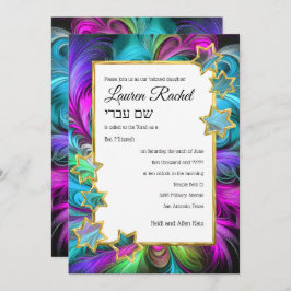 Bat Mitzvah Gold Stars Farbenfrohe Pastelle Zeichn Einladung