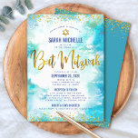 Bat Mitzvah Gold Türkis Wasserfarbe 2 Veranstaltun Einladung<br><div class="desc">Seien Sie stolz, freuen Sie sich und präsentieren Sie diesen Meilenstein Ihres Lieblings-Bat Mitzvah! Versenden Sie diese atemberaubende, moderne, personalisierte Einladung für eine Veranstaltung, an die Sie sich erinnern können. Funkelnd Imitate Goldfolienskript, Glitzer Punkte. Der Star von David und Typografie-Skript überlagern einen türkisblauen Aquarellhintergrund. Personalisieren Sie den benutzerdefinierten Text mit...</div>