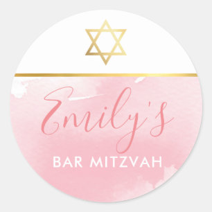 BAT MITZVAH Goldener Stern Chic Rosa Aquarell Runder Aufkleber