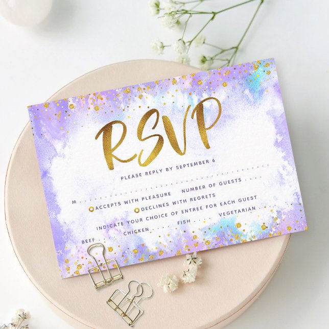 Bat Mitzvah Goldfolie lila Aquarellfärbung RSVP Karte (Von Creator hochgeladen)