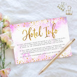 Bat Mitzvah Goldfolie Rosa Aquarellhotel info Begleitkarte<br><div class="desc">Seien Sie stolz, freuen Sie sich und präsentieren Sie diesen Meilenstein Ihres Lieblings-Bat Mitzvah! Inklusive dieser atemberaubenden, modernen, personalisierten Beilage für zusätzliche Hotelinformationen zu Ihrer Veranstaltung, mit funkelnd Goldfolie und Glitzer-Punkten und Typografie-Skript vor einem weichen rosa Aquarell-Hintergrund. Personalisieren Sie den benutzerdefinierten Text mit allen Informationen zum Veranstaltungsort Ihres Hotels. Garantiert,...</div>