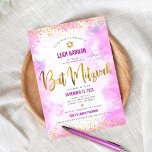 Bat Mitzvah Goldfolie Rosa moderne Aquarellfarbe Einladung<br><div class="desc">Seien Sie stolz, freuen Sie sich und präsentieren Sie diesen Meilenstein Ihres Lieblings-Bat Mitzvah! Versenden Sie dieses atemberaubende, moderne, funkelnd Imitat-Folie und Glitzer-Punkte und Typografie-Skript vor einem weichen rosa Aquarell Hintergrund, personalisierte Einladung für eine Veranstaltung zu erinnern. Personalisieren Sie den benutzerdefinierten Text mit dem Namen, Datum und Veranstaltungsort Ihres Bat...</div>