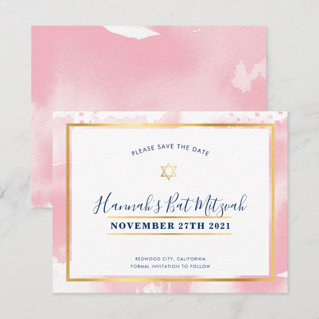 BAT MITZVAH, goldrosa Aquarell Save the Date Einladung (Vorne/Hinten)