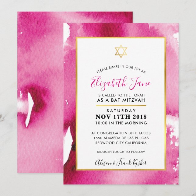BAT MITZVAH Goldstar Smart rosa Aquarell Einladen Einladung (Vorne/Hinten)