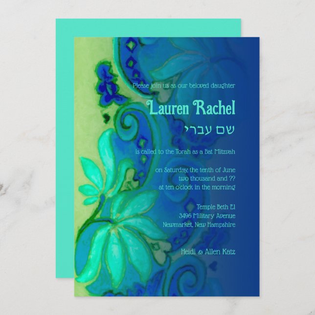 Bat Mitzvah Green Aqua Blue Bohemisch Floral Einladung (Vorne/Hinten)